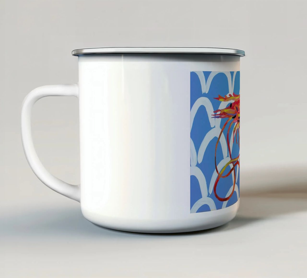 Prawn On Blue Wavey tazza in smalto da Alice Straker