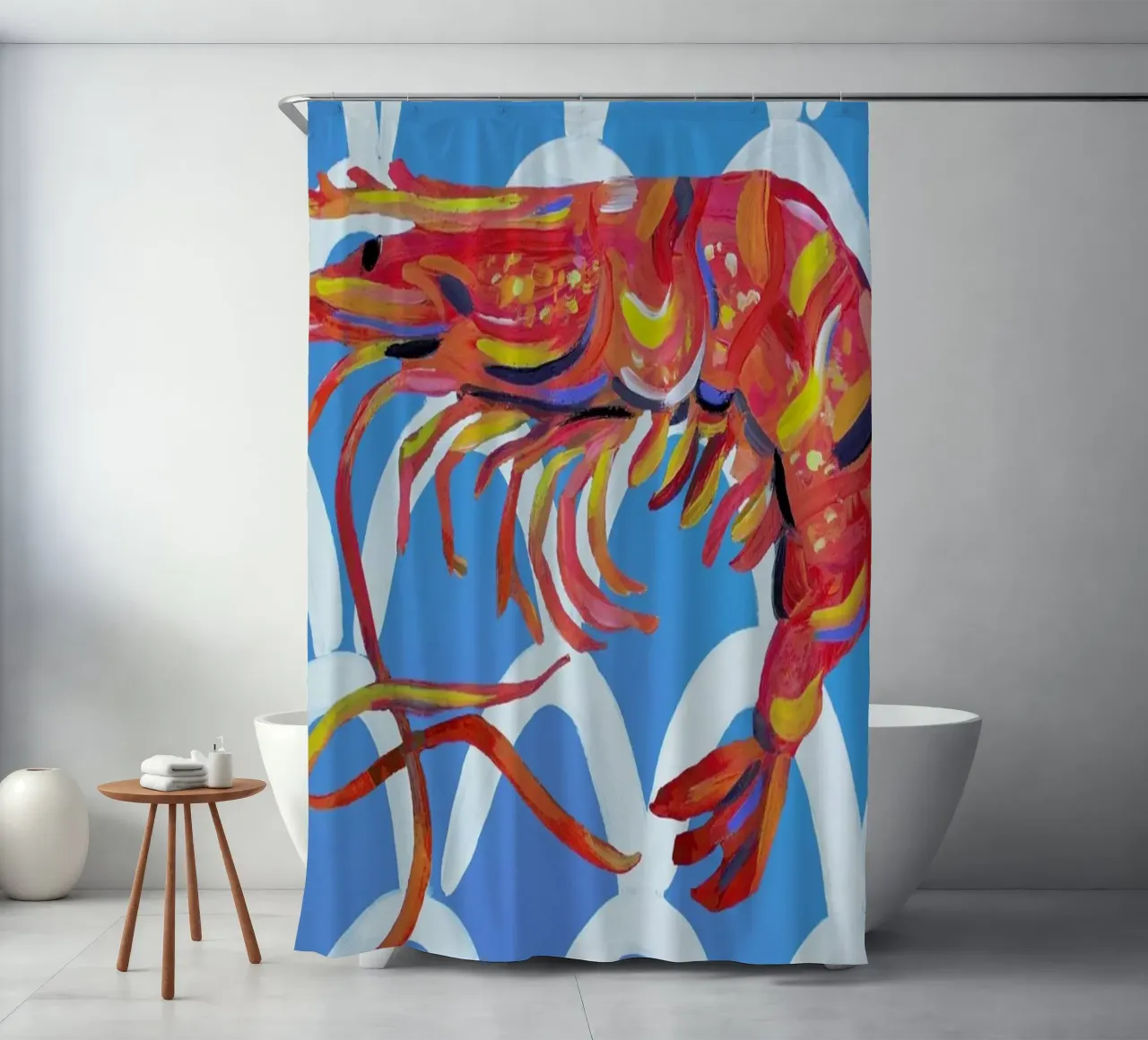 Prawn On Blue Wavey shower curtain by Alice Straker