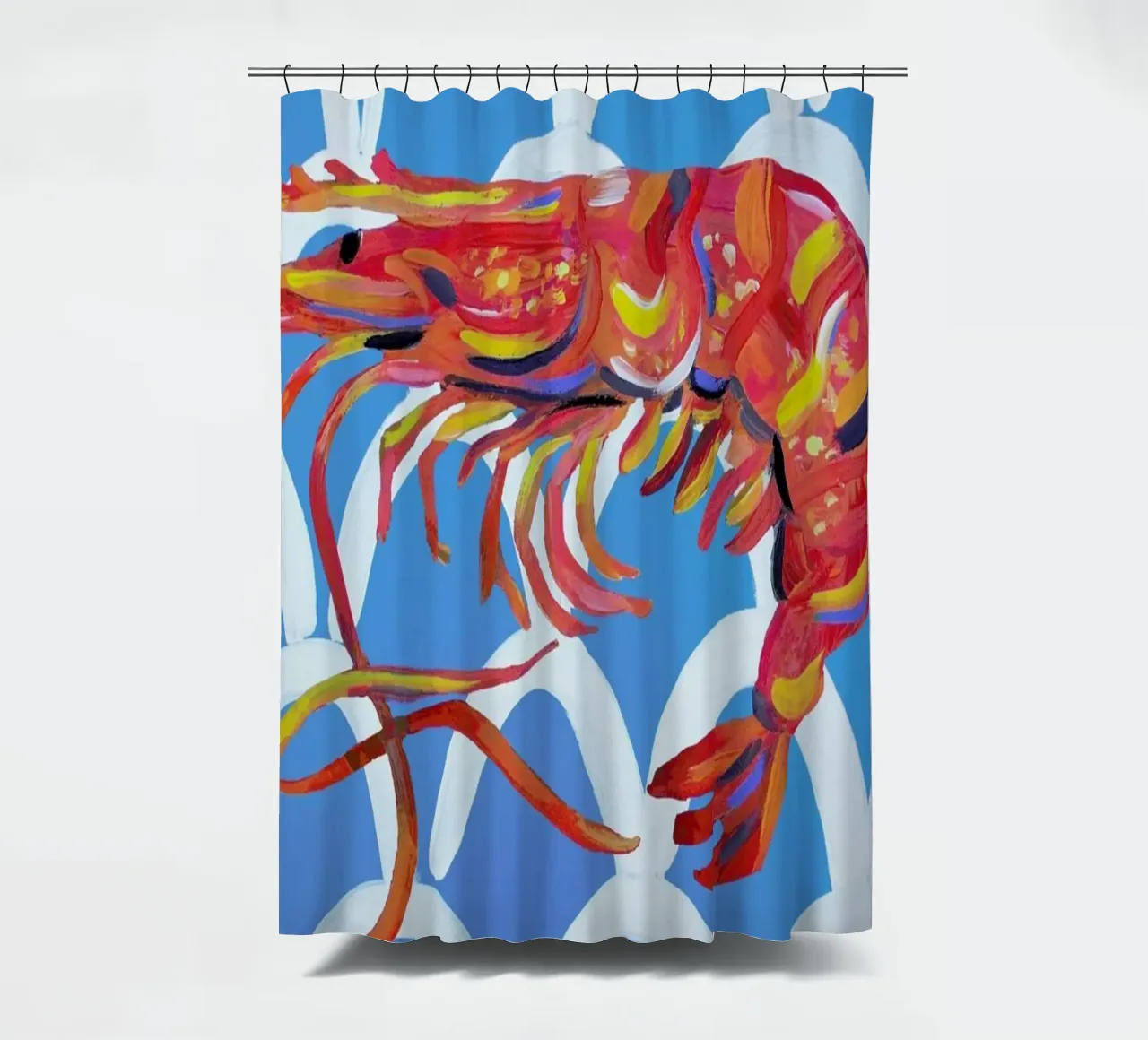Prawn On Blue Wavey shower curtain by Alice Straker