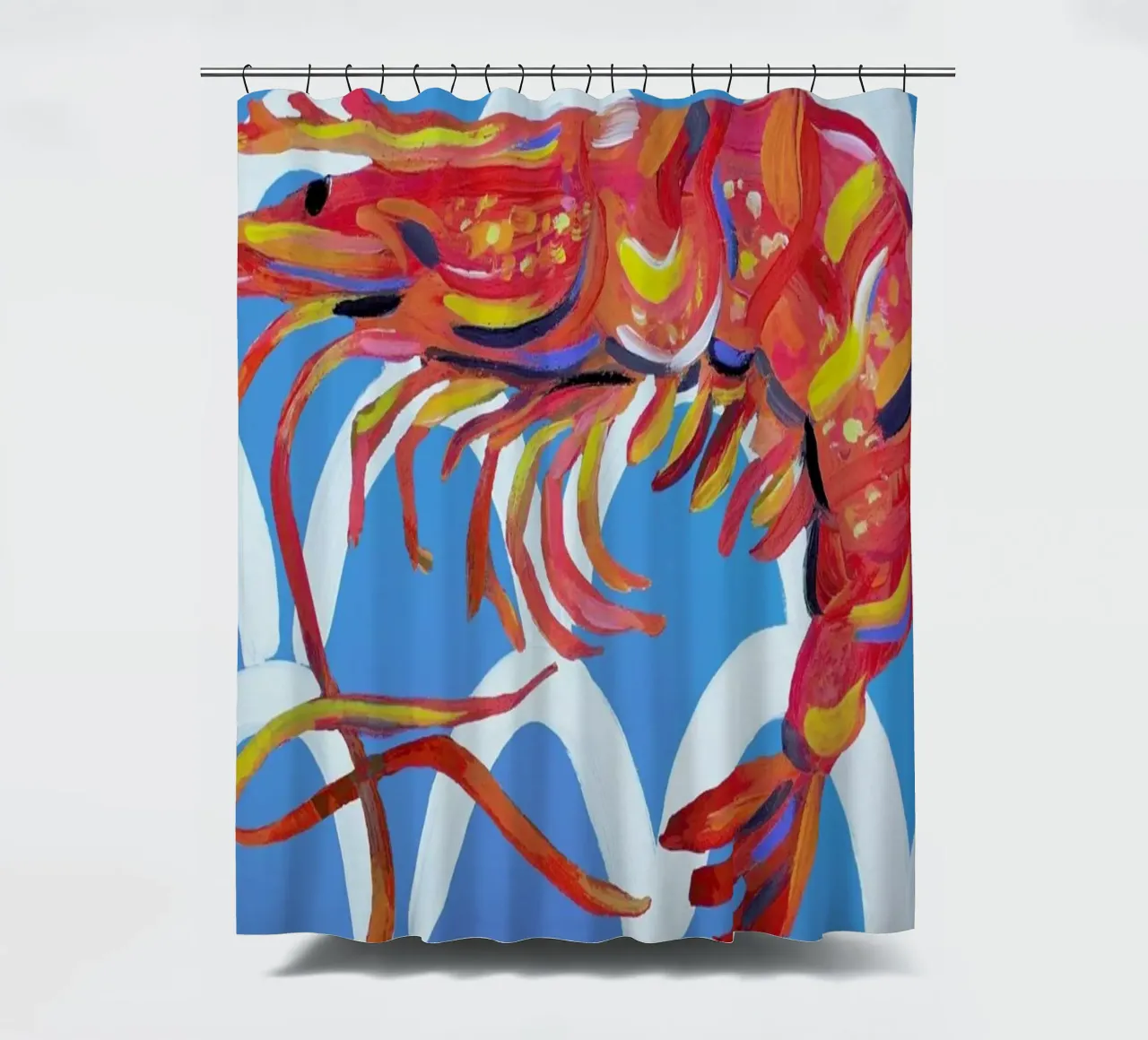 Prawn On Blue Wavey shower curtain by Alice Straker