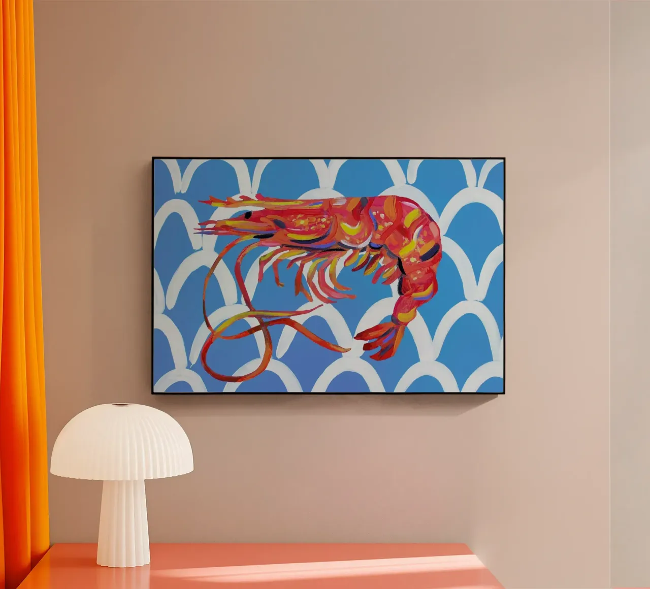 Prawn On Blue Wavey acrylic glass by Alice Straker