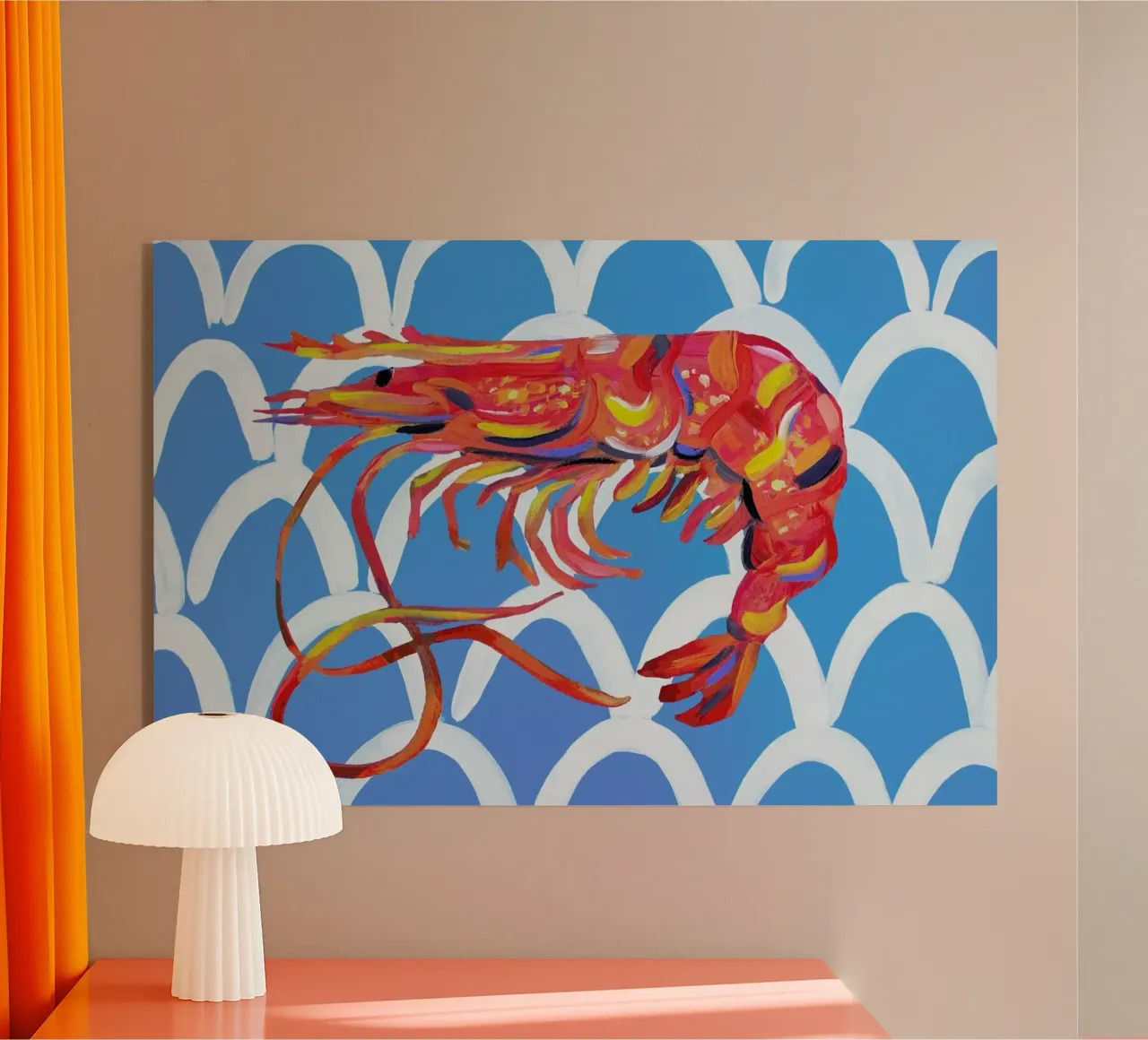 Prawn On Blue Wavey acrylic glass by Alice Straker