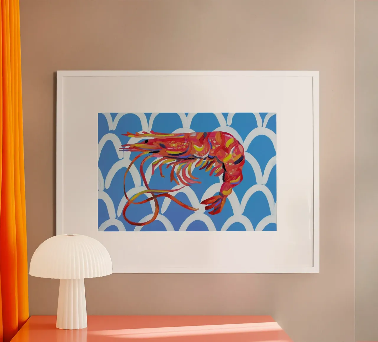 Prawn On Blue Wavey poster con telaio in alluminio da Alice Straker