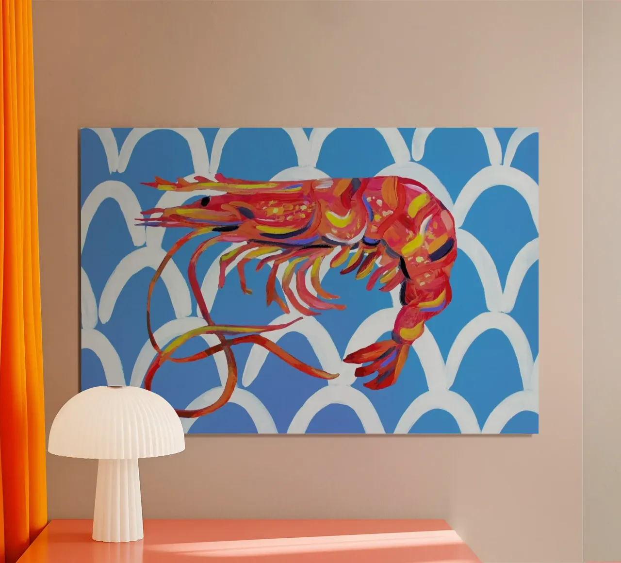 Prawn On Blue Wavey poster con telaio in alluminio da Alice Straker