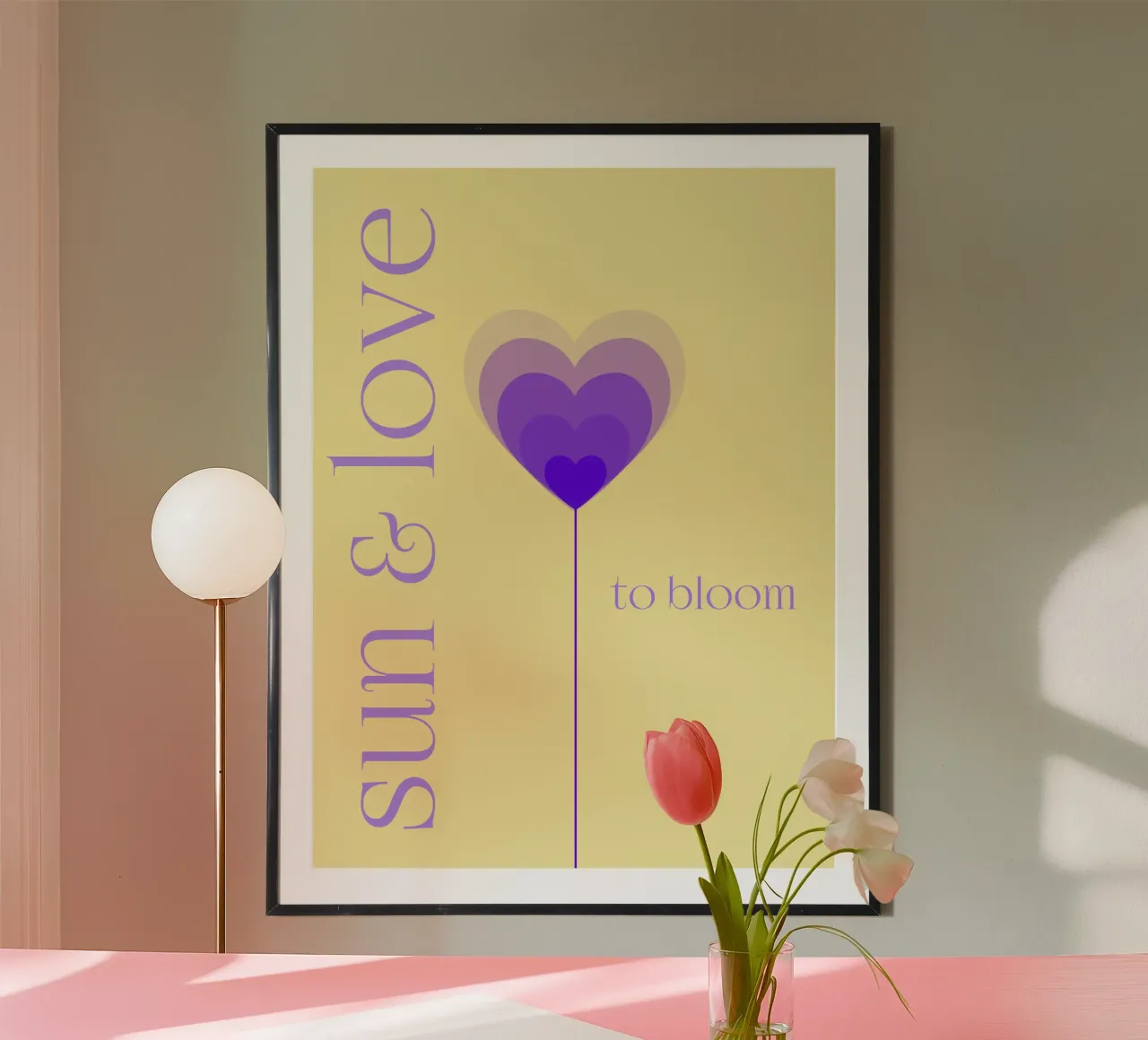 Sun & Love to bloom, Herzblume abstraktes Herz mit Schrift poster avec cadre en aluminium de Lilou Art