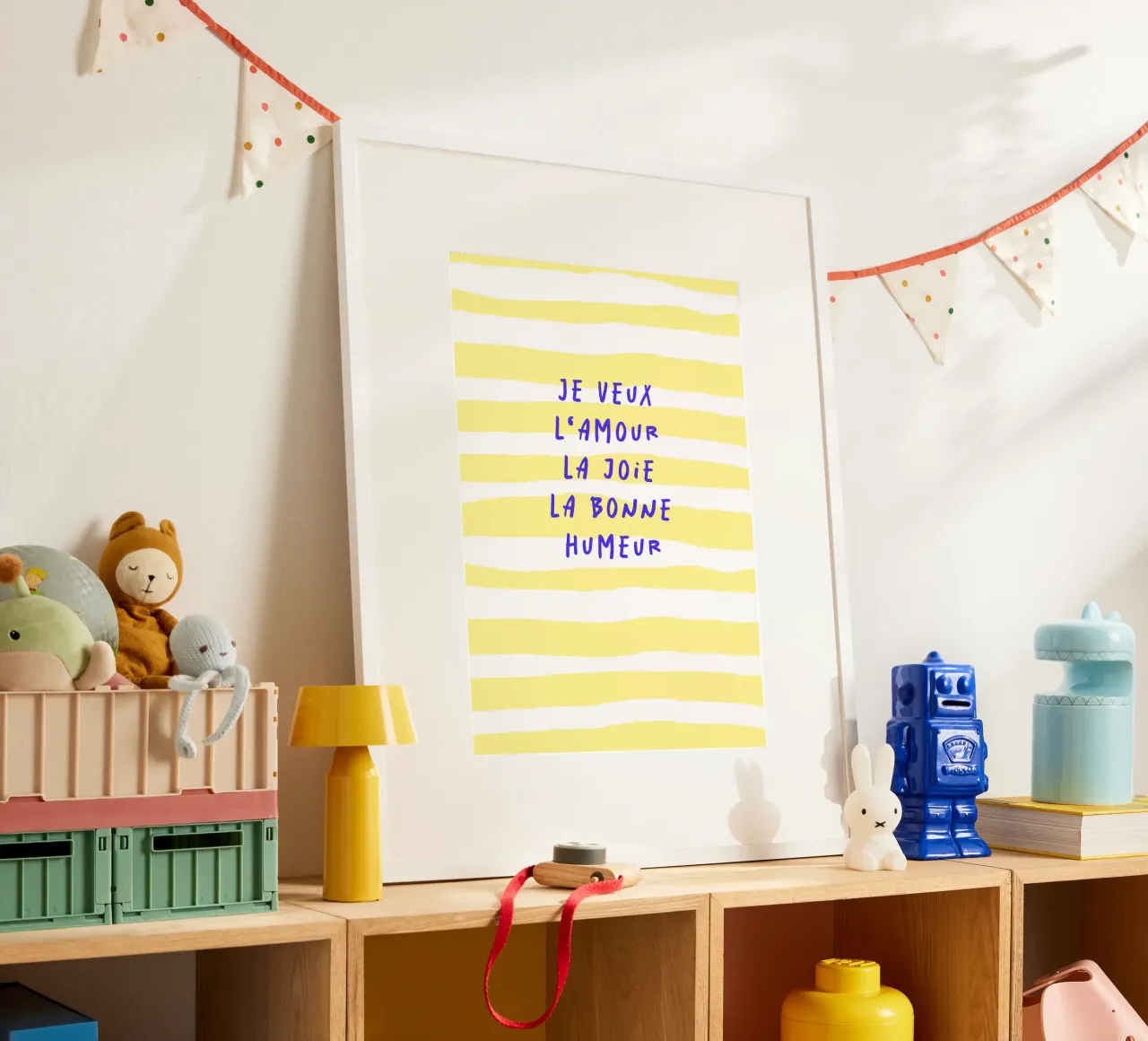 je veux l‘amour la joie la bonne humeur.. poster with plastic frame by FRICKE DESIGN