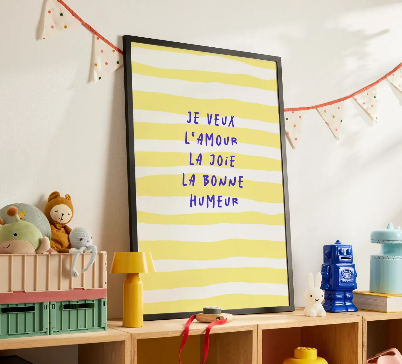 je veux l‘amour la joie la bonne humeur.. poster with plastic frame by FRICKE DESIGN