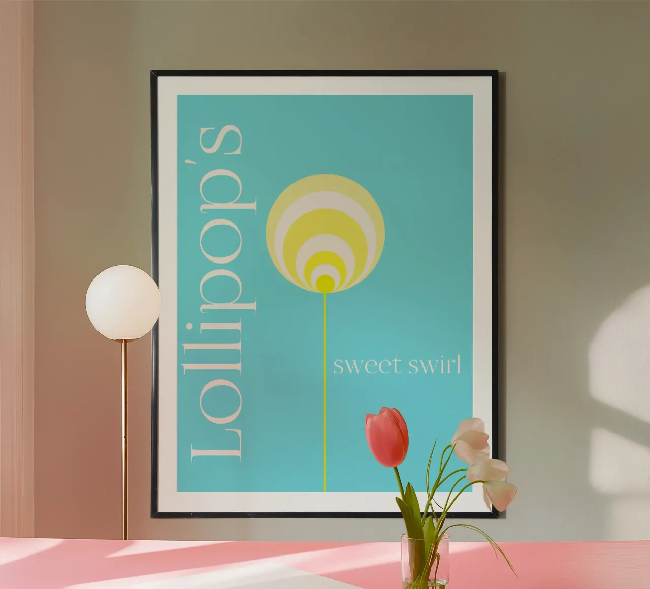 Lollipop's sweet swirl - hellblauer Hintergrund, retro-chic poster con marco de aluminio de Lilou Art