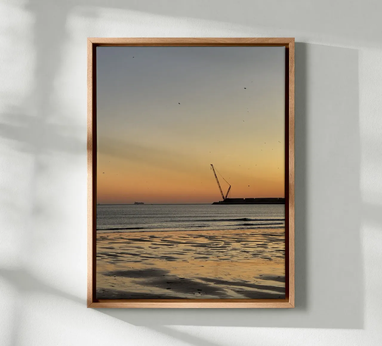 Birds in Flight and Distant Crane during sunset at Praia de canvas with Floater frame by byrieneke