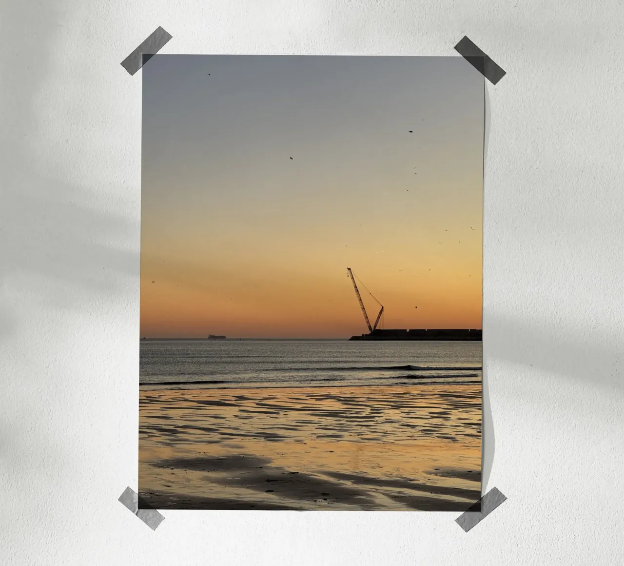 Birds in Flight and Distant Crane during sunset at Praia de hahnemühle by byrieneke