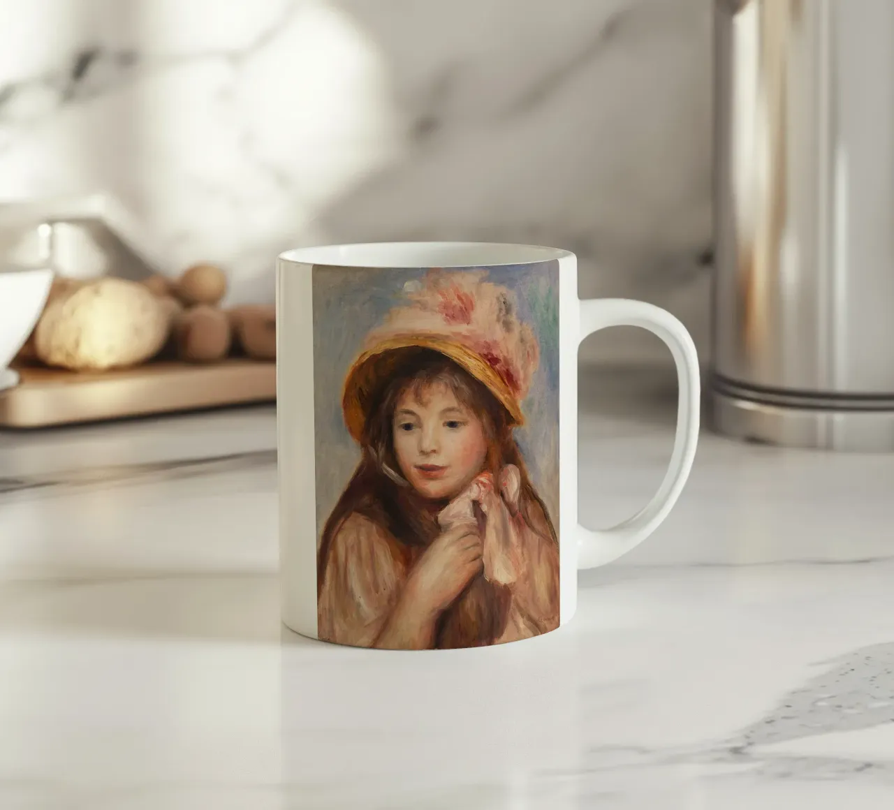 Ragazza con cappellino rosa - Pierre-Auguste Renoir tazza in ceramica da masonday