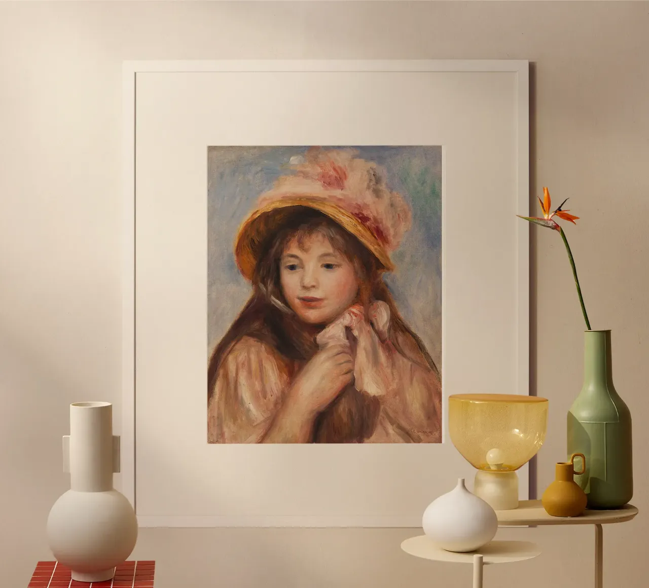 Ragazza con cappellino rosa - Pierre-Auguste Renoir poster con telaio in plastica da masonday