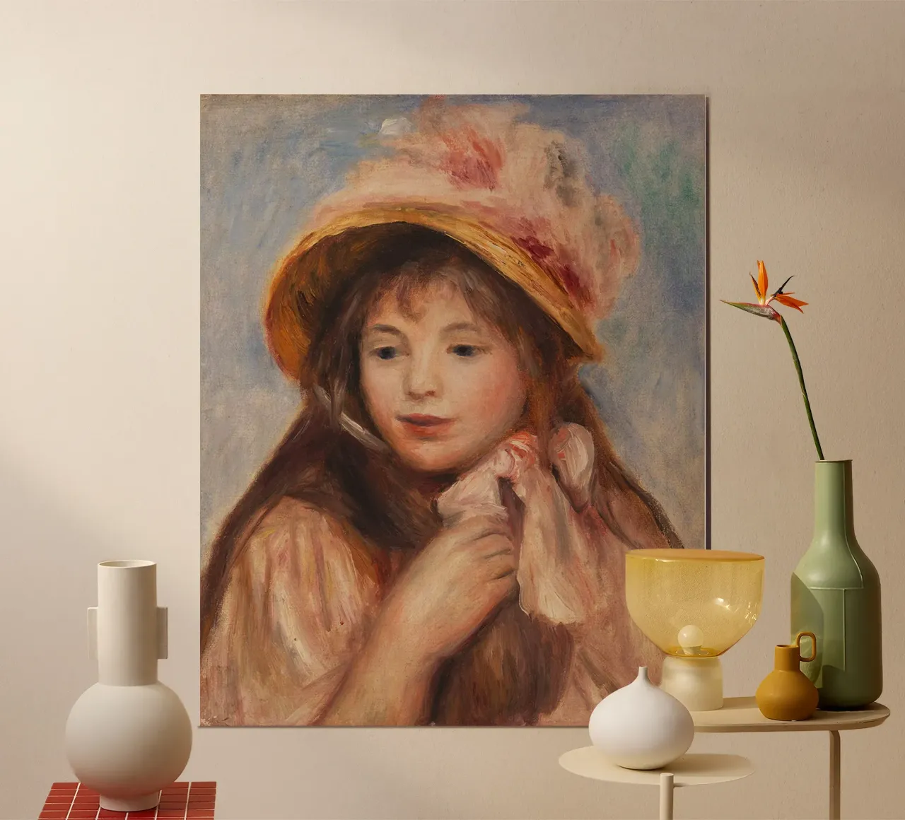 Ragazza con cappellino rosa - Pierre-Auguste Renoir poster con telaio in plastica da masonday
