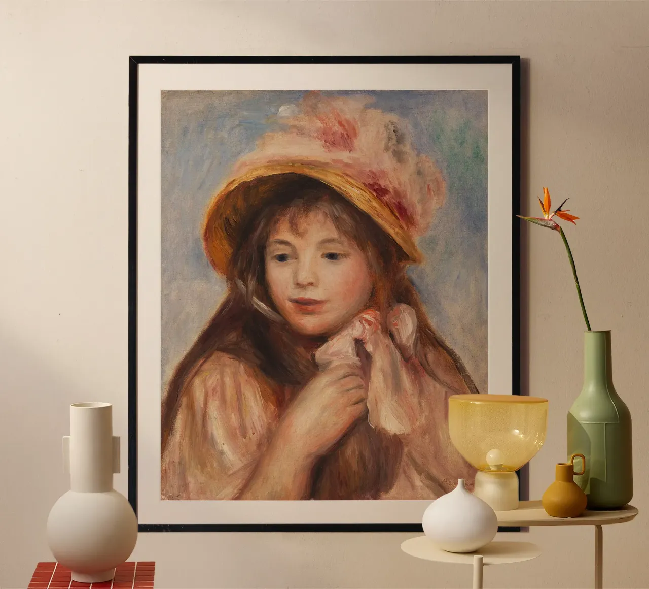 Ragazza con cappellino rosa - Pierre-Auguste Renoir poster con telaio in plastica da masonday
