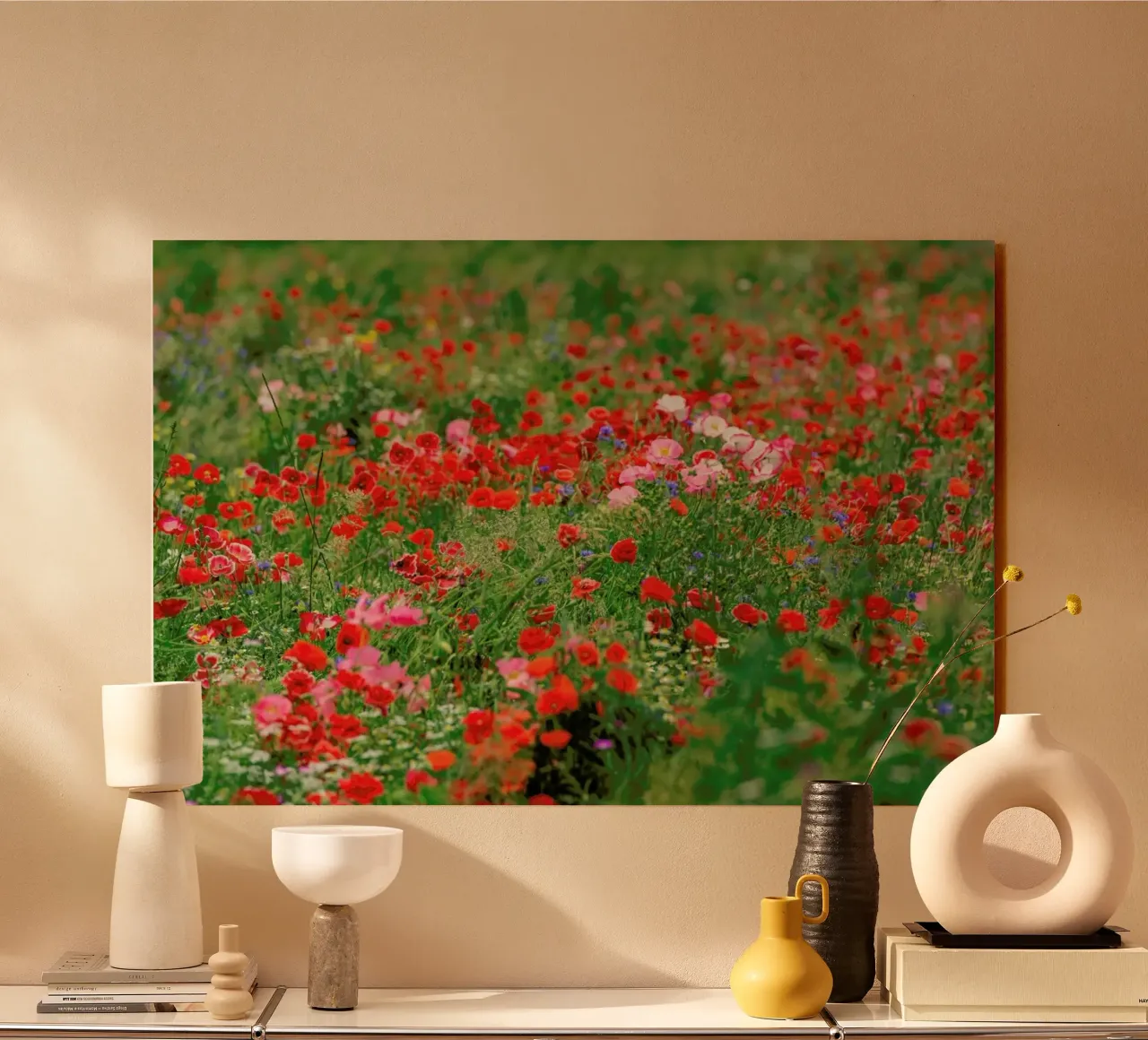 Mixed Poppy Landscape Acryl-Glas von Curious Collections by Marielle Leenders