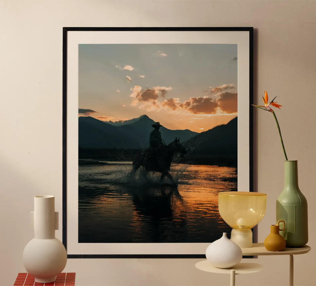 cowboy on river poster with plastic frame by Horsire