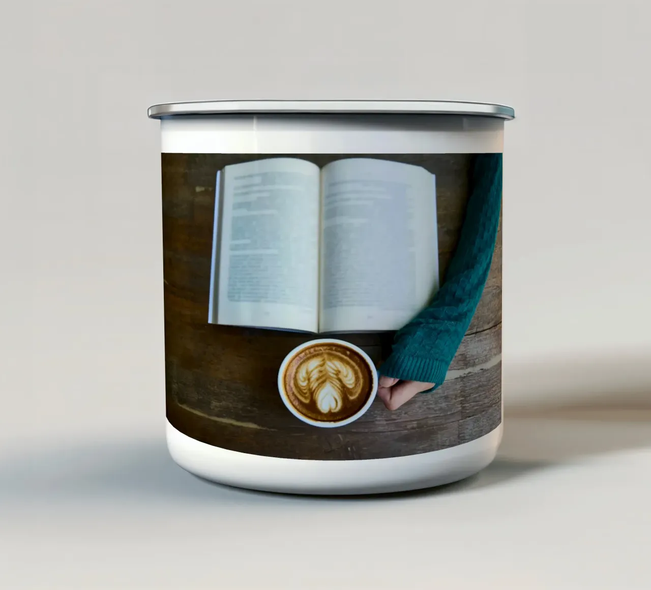 cafe table reading enamel mug by cofa home