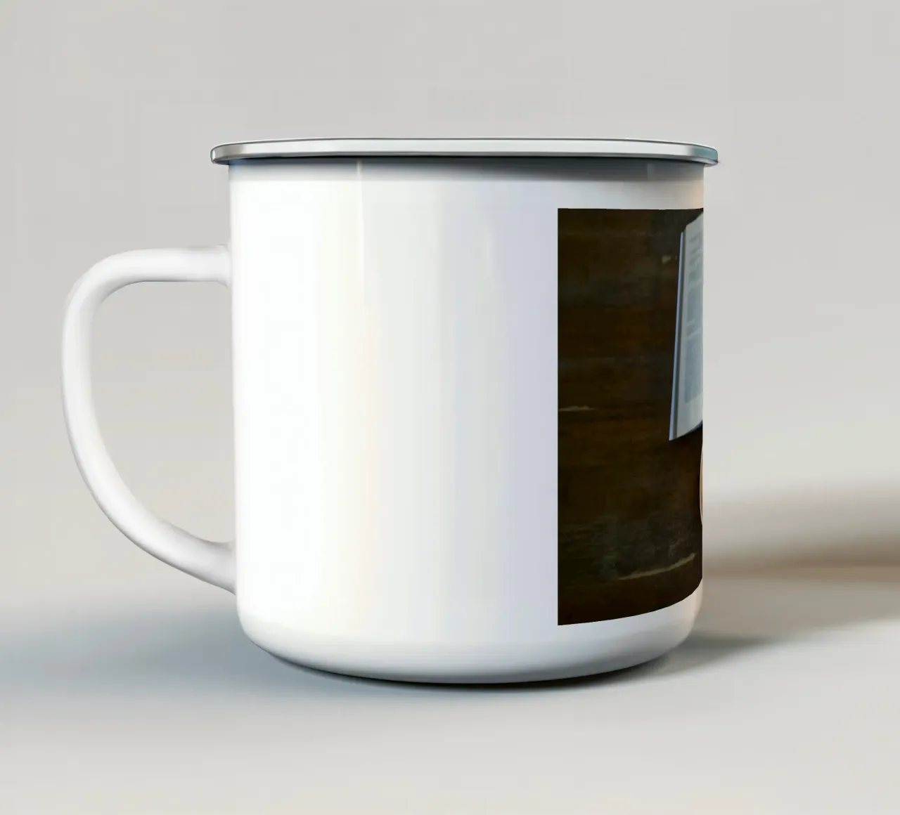 cafe table reading enamel mug by cofa home