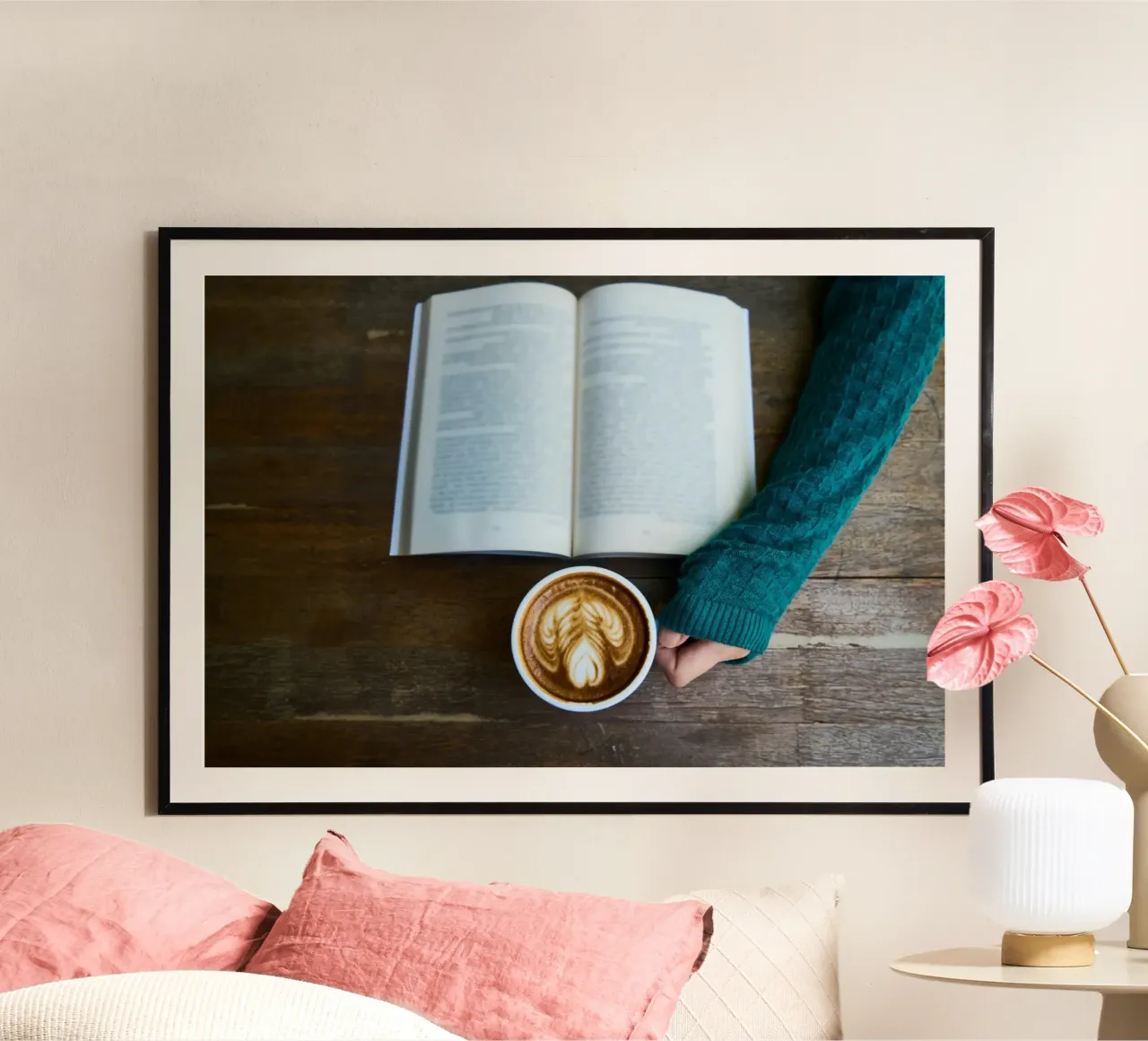 cafe table reading poster with wooden frame by cofa home