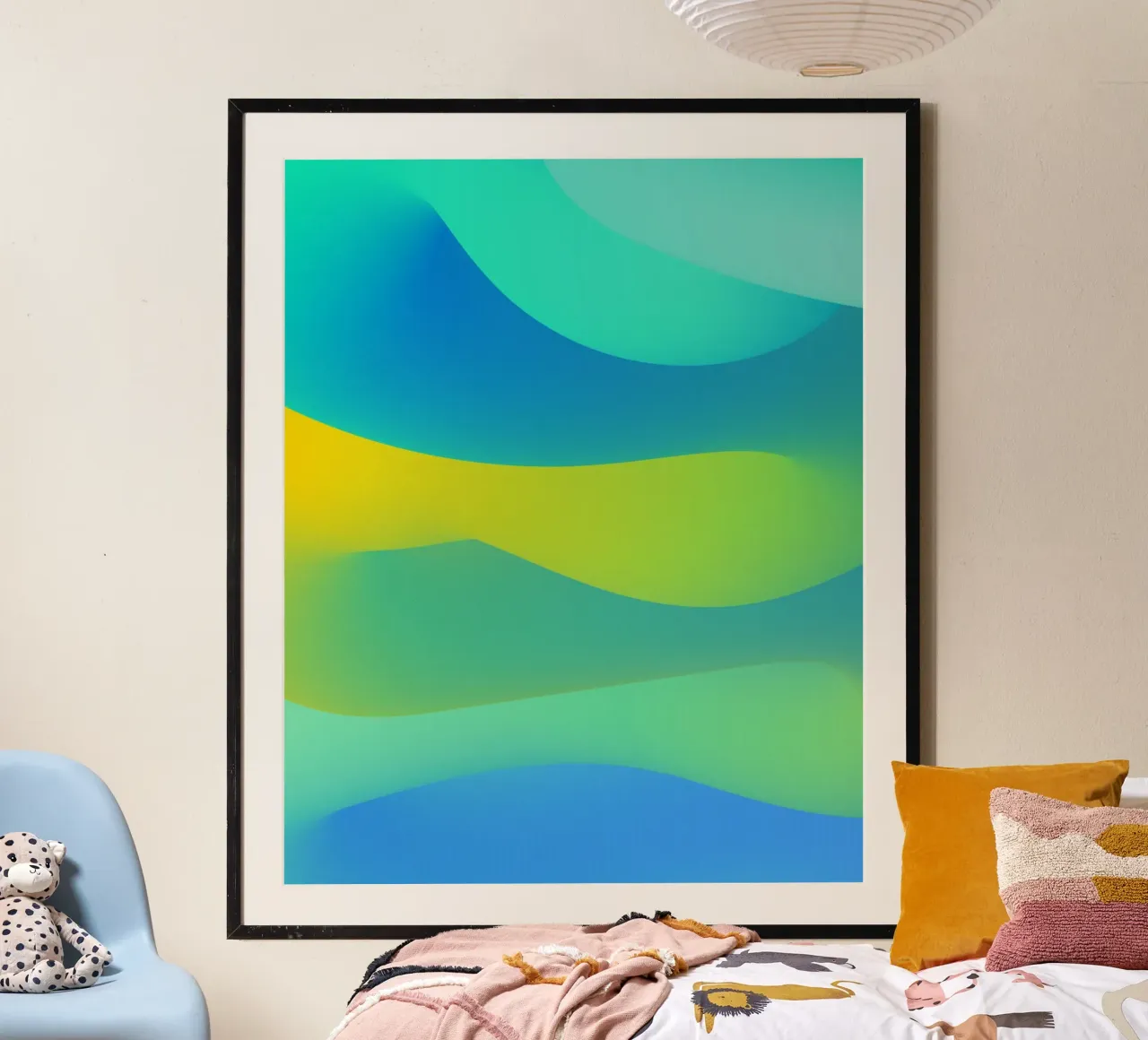 gradient blue color poster with wooden frame by pastel color shape
