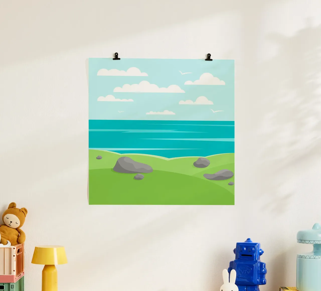 scenery sea cliffs poster with wooden frame by pastel color shape