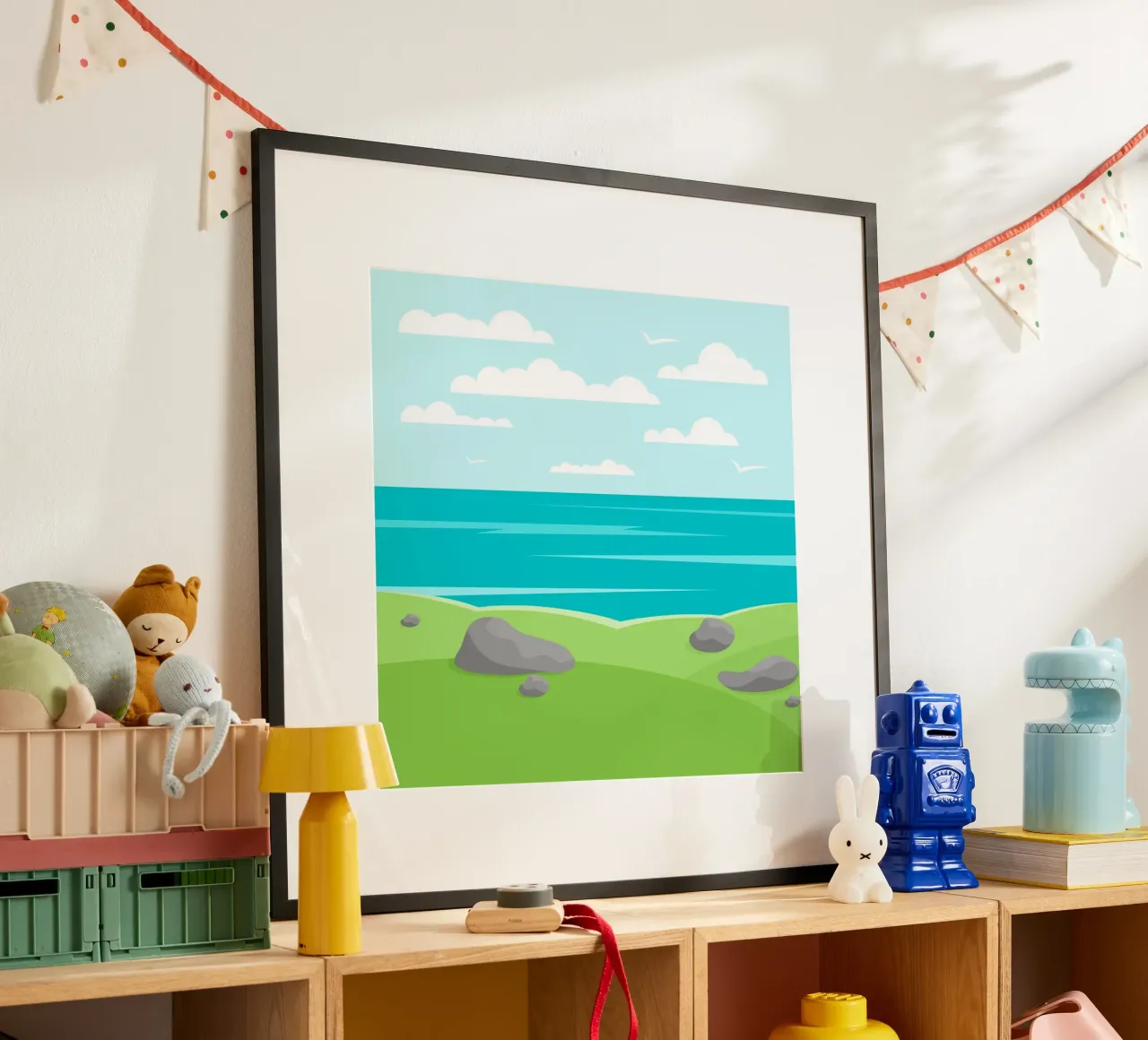 scenery sea cliffs poster with wooden frame by pastel color shape