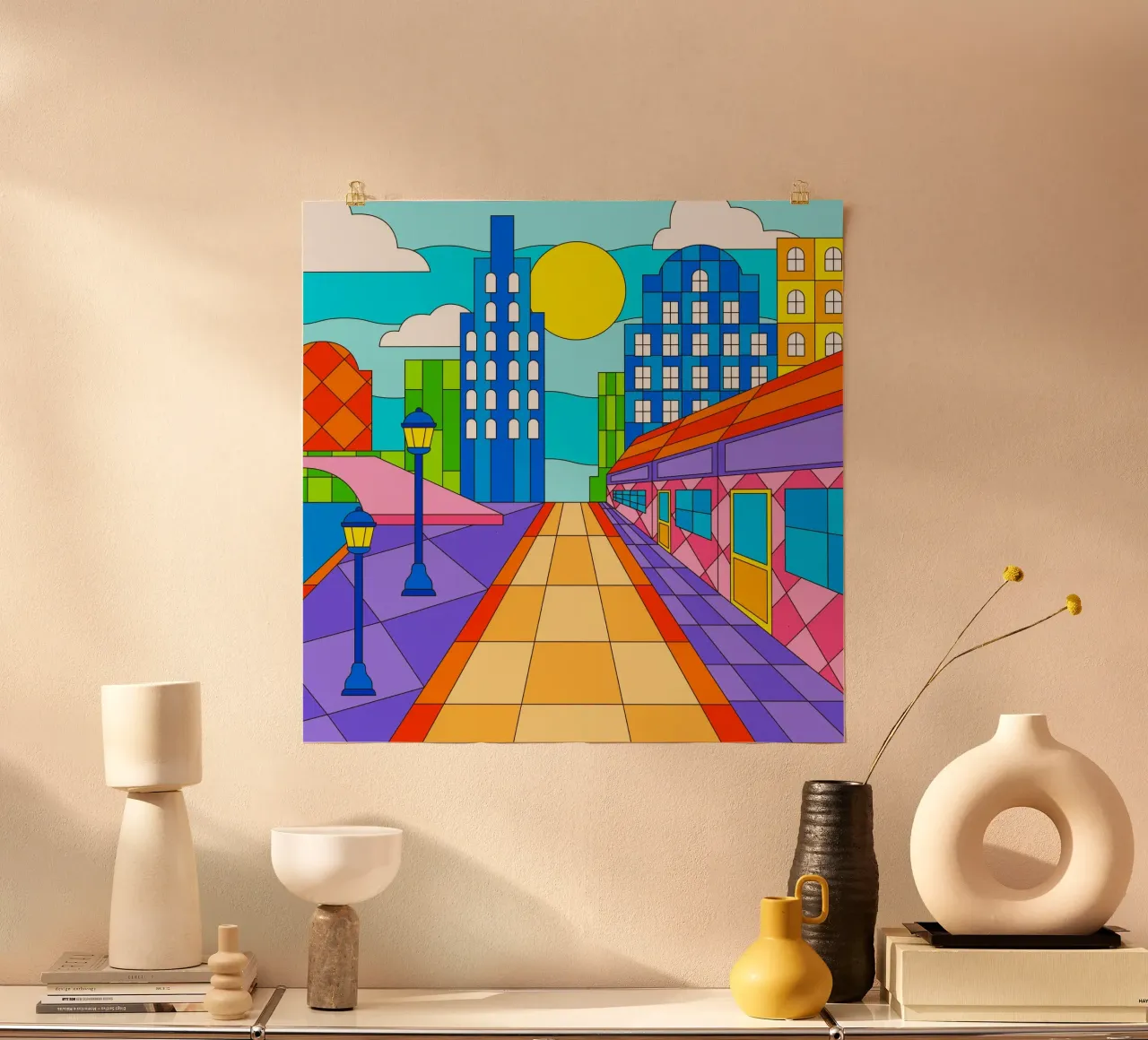 streetlights cityscape poster with wooden frame by pastel color shape