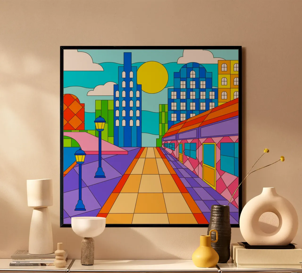 streetlights cityscape poster with wooden frame by pastel color shape