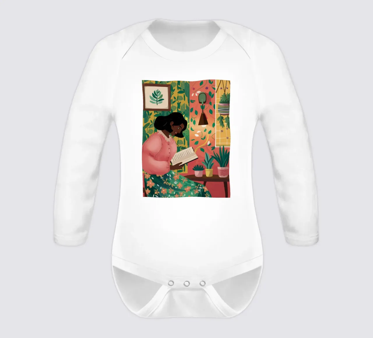 Pink Sweater Reading long-sleeve baby romper by Pale Aura