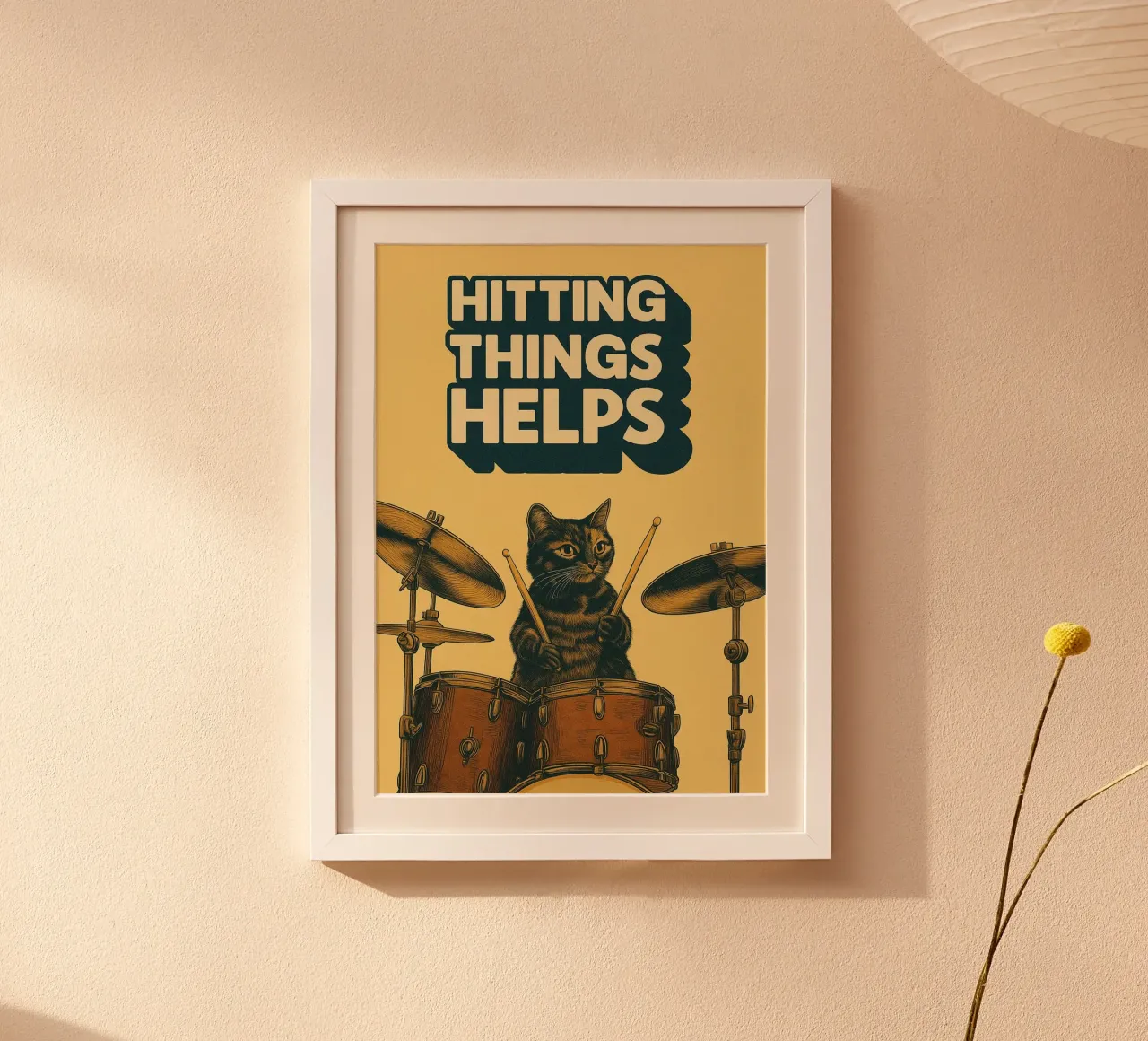 Gatto batterista divertente poster con telaio in legno da oneroad