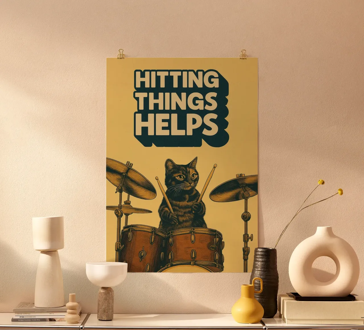 Gatto batterista divertente poster con telaio in legno da oneroad