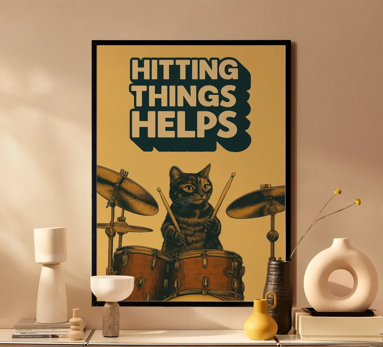 Gatto batterista divertente poster con telaio in legno da oneroad