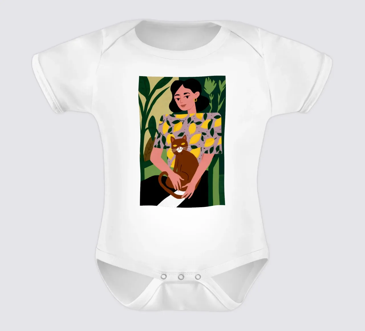 Donna con gatto in braccio body neonato maniche corte da Marigold Tiga