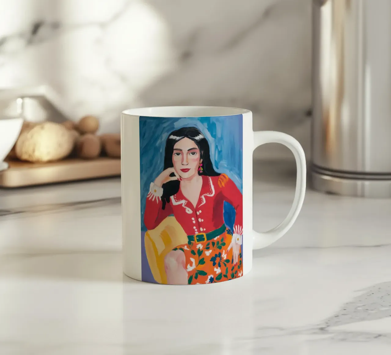Sedia gialla Camicetta rossa tazza in ceramica da Marigold Tiga