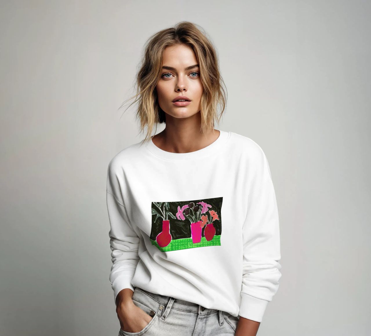 Flowers In Vases On Patterned Tablecloth sweatshirt by Sonia Brittain