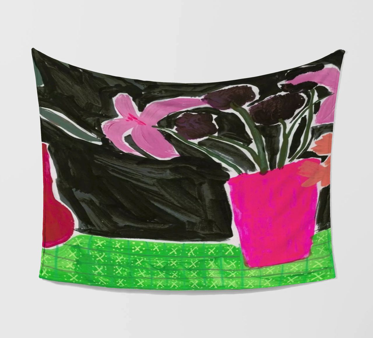 Flowers In Vases On Patterned Tablecloth fleece blanket by Sonia Brittain