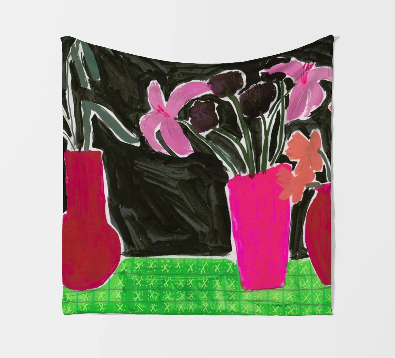 Flowers In Vases On Patterned Tablecloth fleece blanket by Sonia Brittain