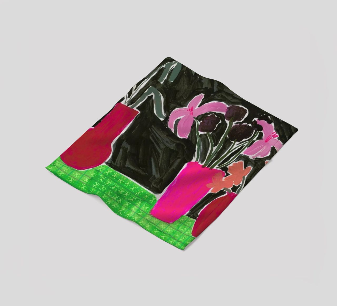 Flowers In Vases On Patterned Tablecloth fleece blanket by Sonia Brittain