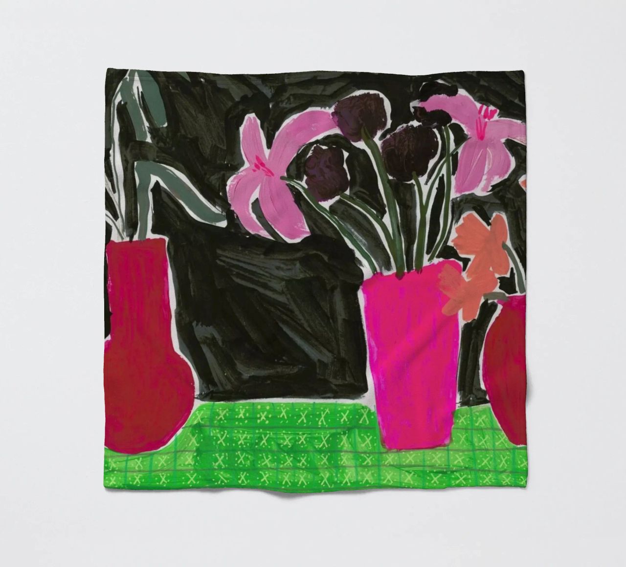 Flowers In Vases On Patterned Tablecloth fleece blanket by Sonia Brittain