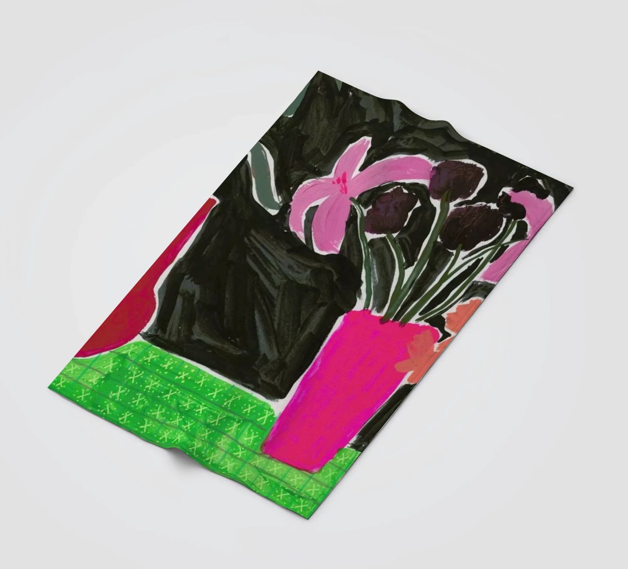 Flowers In Vases On Patterned Tablecloth fleece blanket by Sonia Brittain