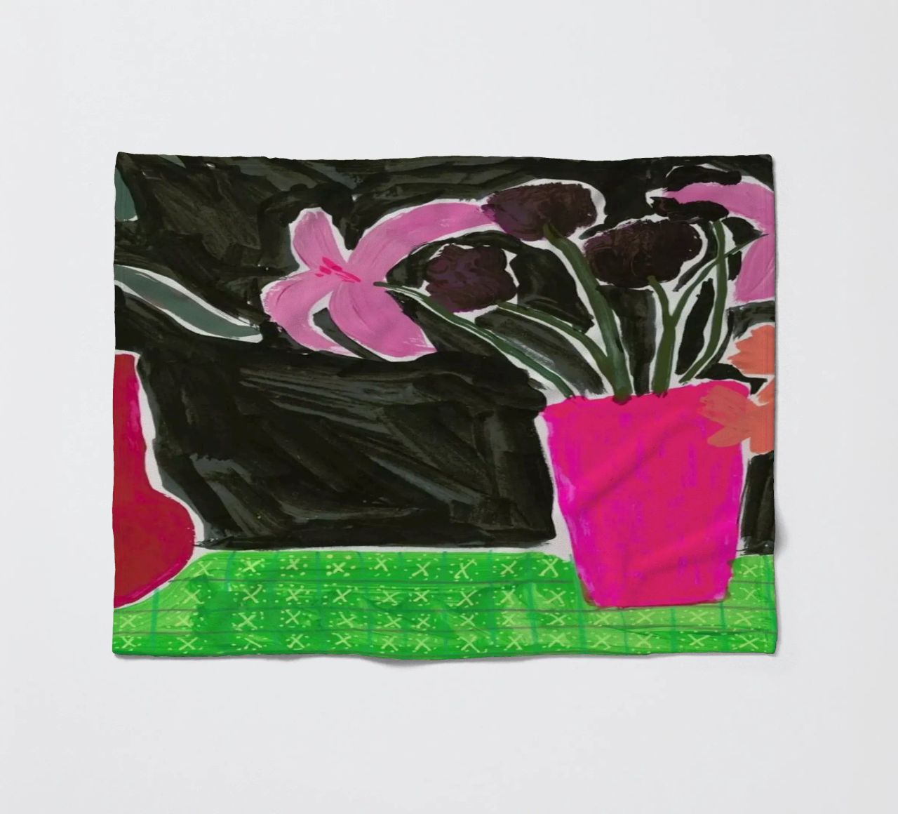 Flowers In Vases On Patterned Tablecloth fleece blanket by Sonia Brittain