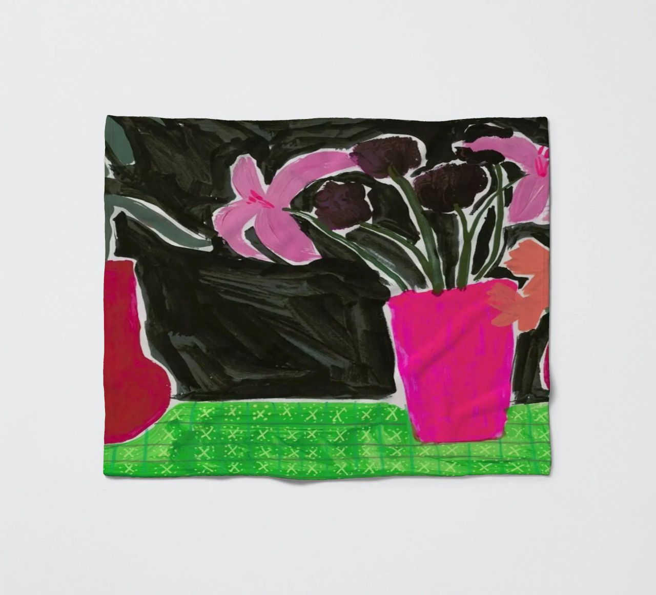 Flowers In Vases On Patterned Tablecloth fleece blanket by Sonia Brittain