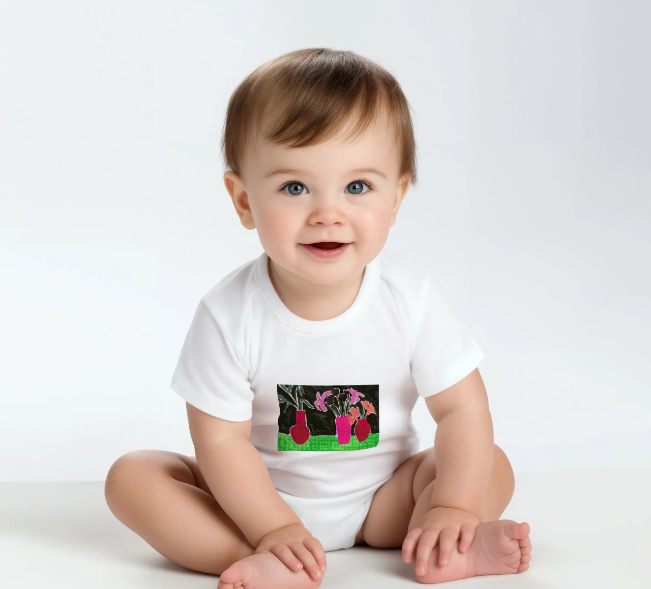 Flowers In Vases On Patterned Tablecloth short-sleeve baby romper by Sonia Brittain