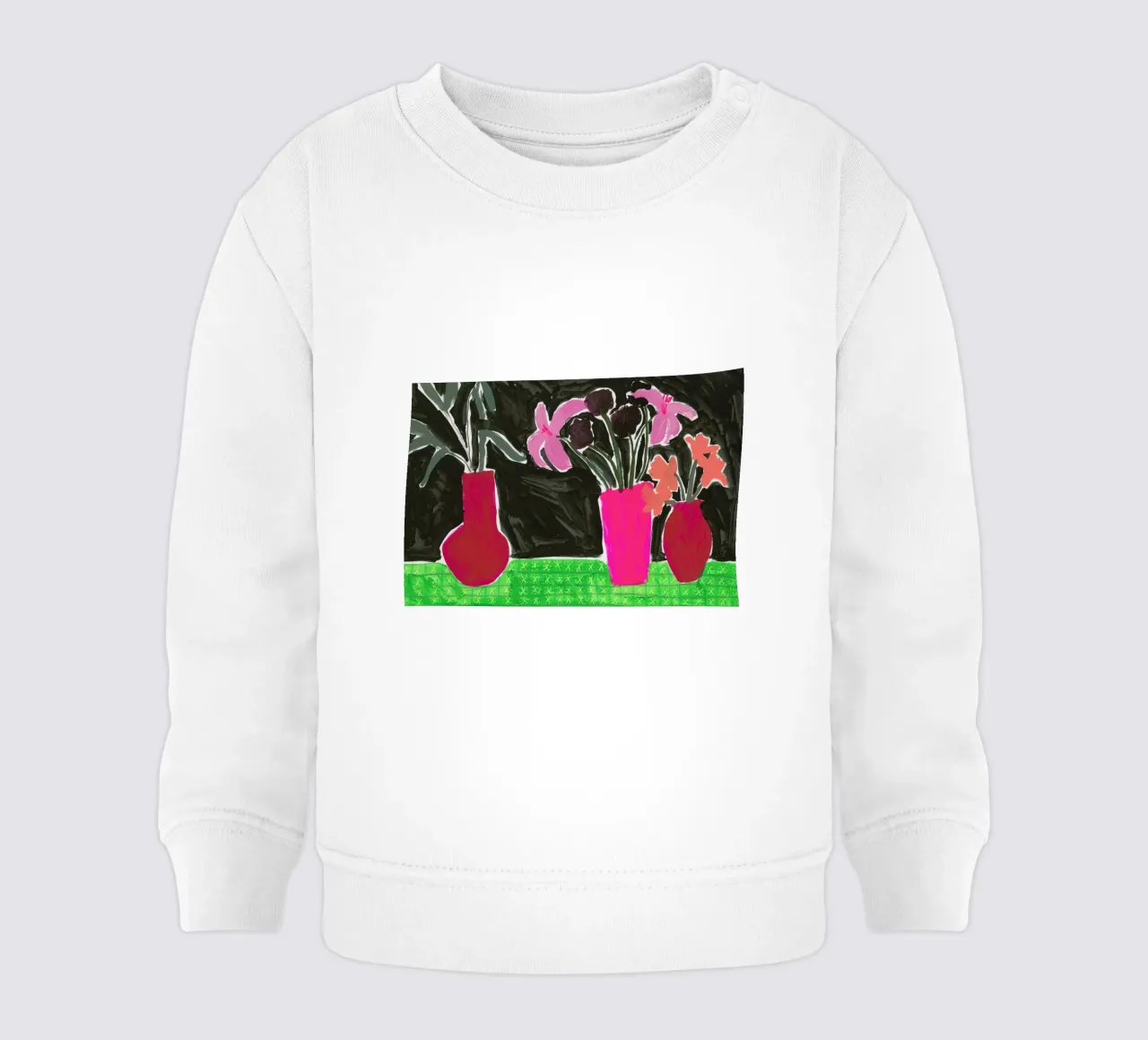 Flowers In Vases On Patterned Tablecloth baby sweatshirt van Sonia Brittain