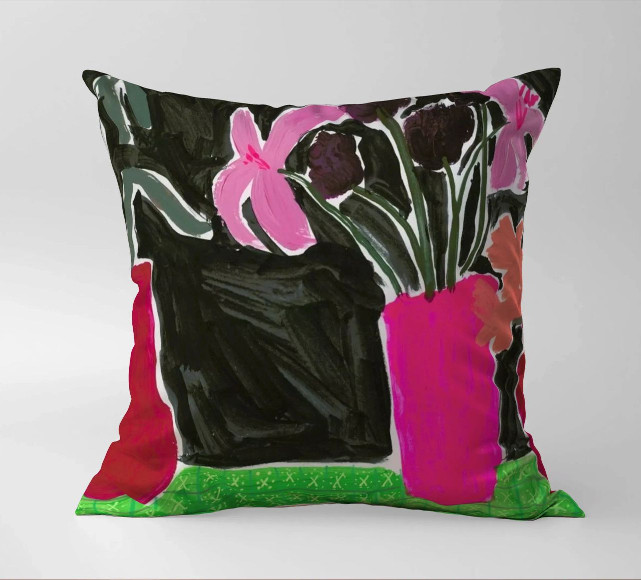 Flowers In Vases On Patterned Tablecloth decorative cushion by Sonia Brittain