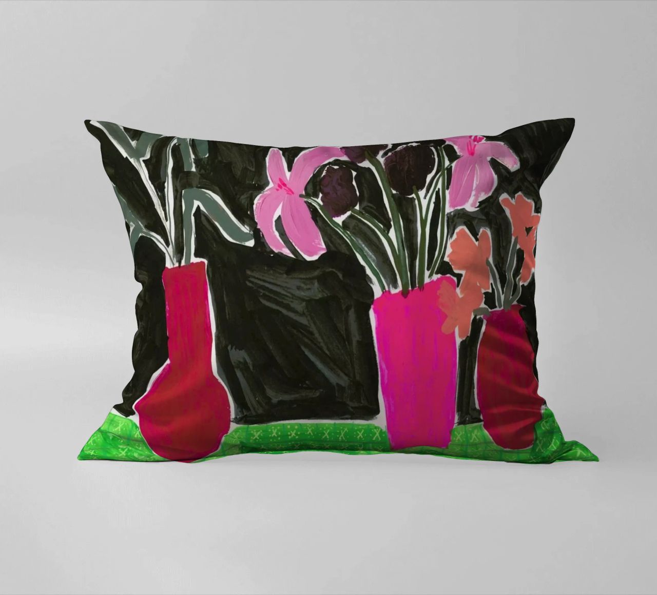 Flowers In Vases On Patterned Tablecloth decorative cushion by Sonia Brittain