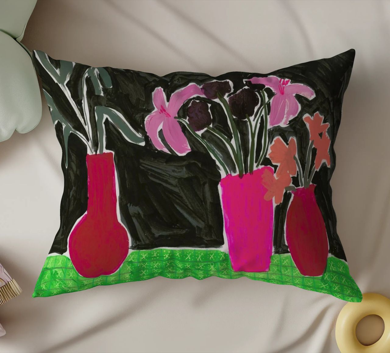 Flowers In Vases On Patterned Tablecloth decorative cushion by Sonia Brittain
