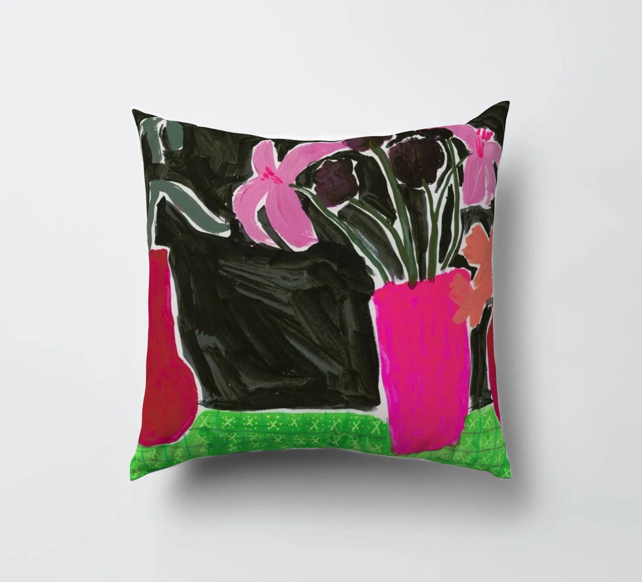 Flowers In Vases On Patterned Tablecloth decorative cushion by Sonia Brittain