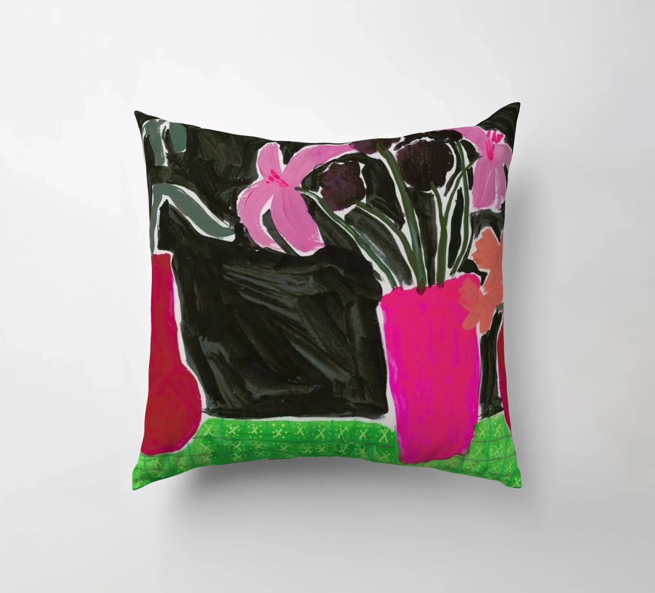 Flowers In Vases On Patterned Tablecloth decorative cushion by Sonia Brittain