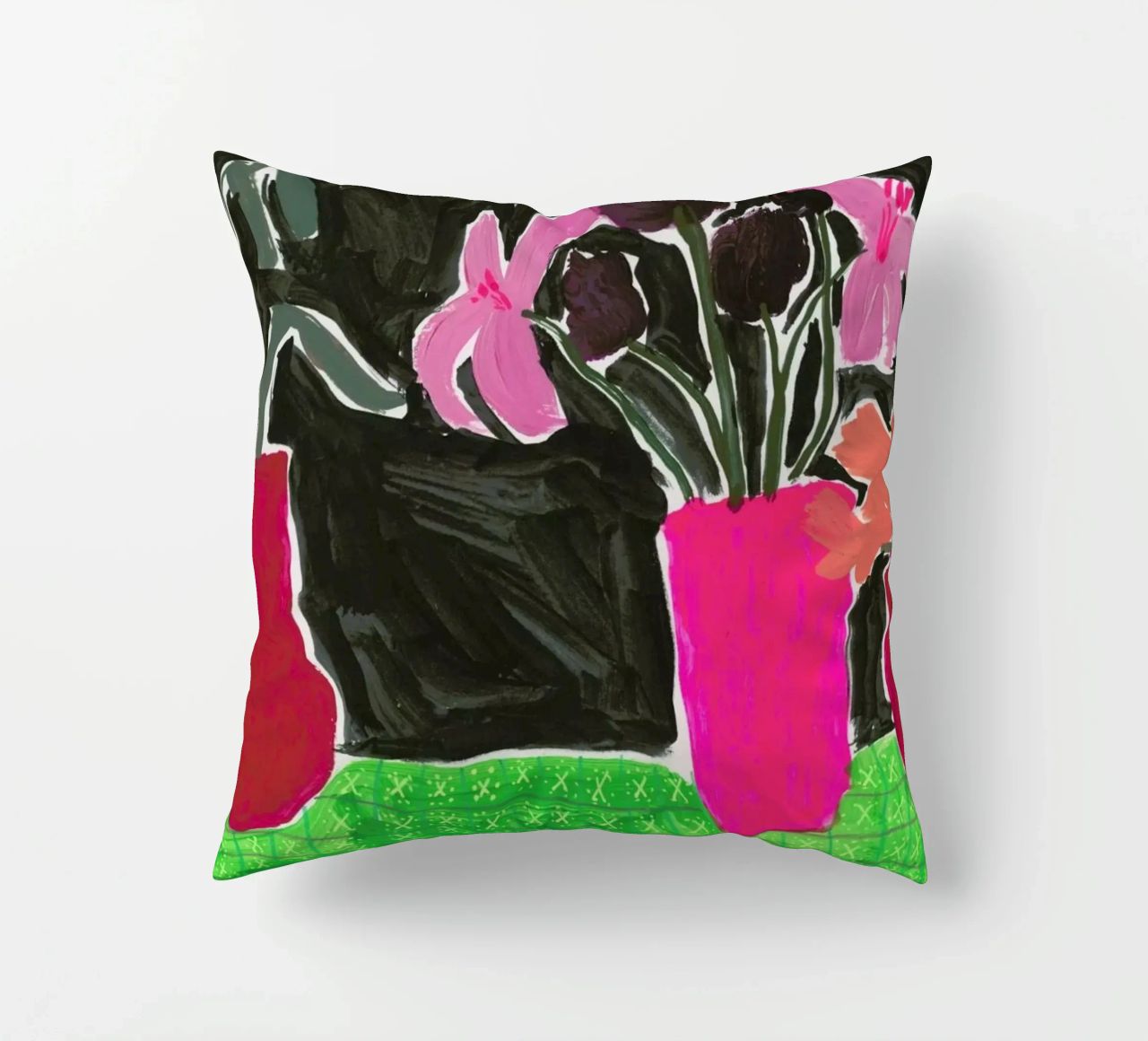 Flowers In Vases On Patterned Tablecloth decorative cushion by Sonia Brittain